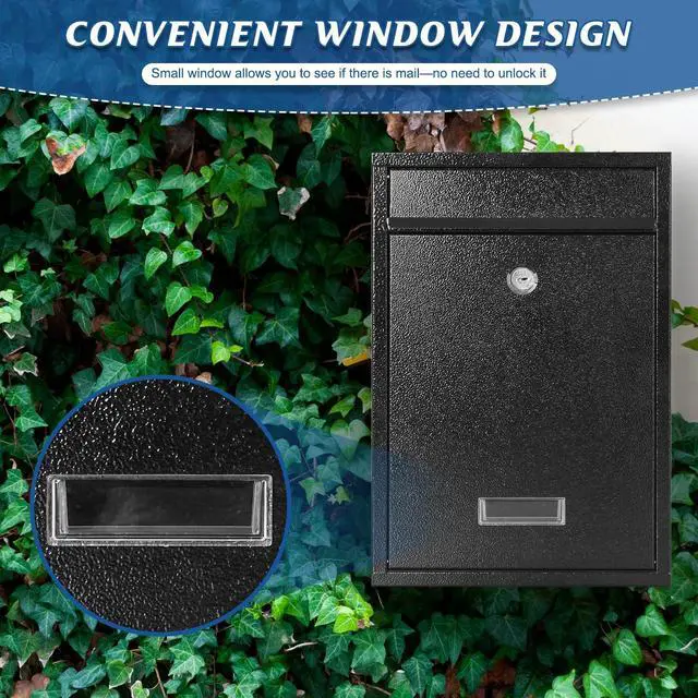 Alt view image 13 of 14 - Mailbox for Outside, Wall Mount Locking Mailbox, Security Drop Box with Key Lock for Letters, Cash, Cards, Steel Mail Box for House Office School, 12.4H x 8.54L x 3.35W Inches, Black
