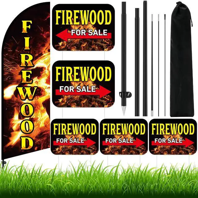 Alt view image 8 of 14 - 6 Pcs Firewood Feather Banner Flag Kit Firewood Sale Feather Banner for Outdoor Shop Flag Advertising with Metal Stakes and Firewoods Yard Signs for Outdoor Event Planning
