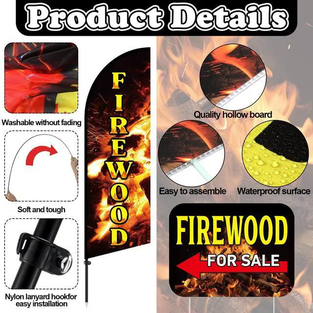 Alt view image 10 of 14 - 6 Pcs Firewood Feather Banner Flag Kit Firewood Sale Feather Banner for Outdoor Shop Flag Advertising with Metal Stakes and Firewoods Yard Signs for Outdoor Event Planning