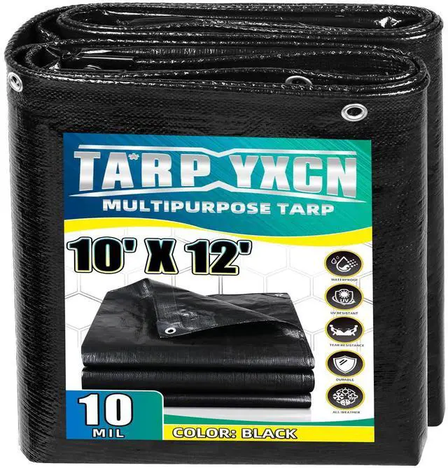 Alt view image 8 of 14 - Black Tarp 10x12 Feet, 10 Mil Thick Waterproof Poly Tarps Cover UV Resistant, Rip & Tear Proof with Metal Grommets Every 20 Inches