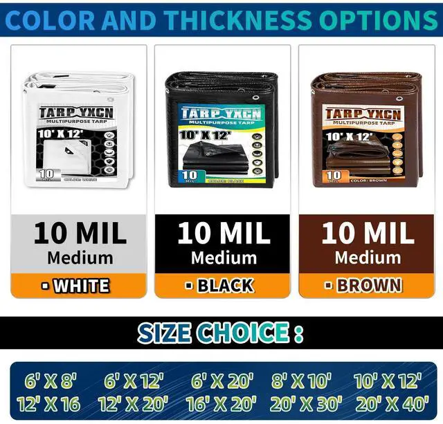 Alt view image 9 of 14 - Black Tarp 10x12 Feet, 10 Mil Thick Waterproof Poly Tarps Cover UV Resistant, Rip & Tear Proof with Metal Grommets Every 20 Inches