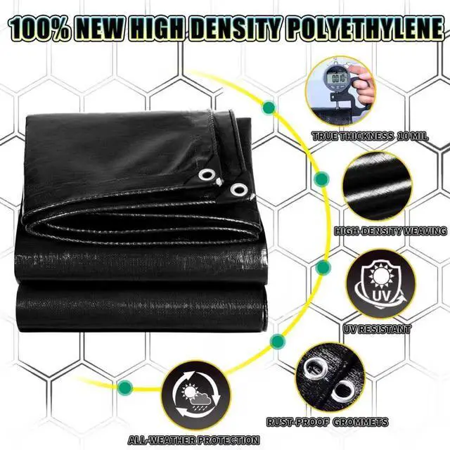 Alt view image 10 of 14 - Black Tarp 10x12 Feet, 10 Mil Thick Waterproof Poly Tarps Cover UV Resistant, Rip & Tear Proof with Metal Grommets Every 20 Inches