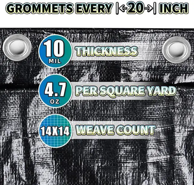 Alt view image 11 of 14 - Black Tarp 10x12 Feet, 10 Mil Thick Waterproof Poly Tarps Cover UV Resistant, Rip & Tear Proof with Metal Grommets Every 20 Inches