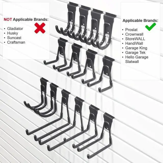 Alt view image 11 of 14 - Slatwall Hooks 14 Pack, Heavy Duty Garage Wall Organizer, Multi-Size Hanging Hooks Compatible with Proslat, StoreWALL and HandiWall