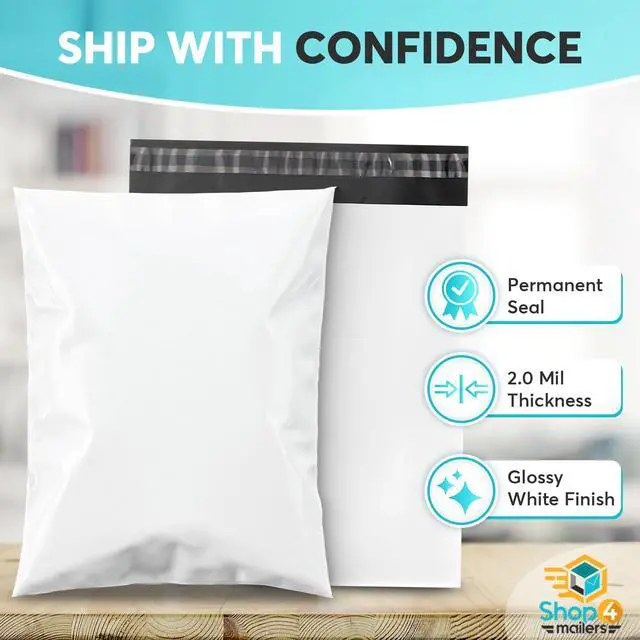 Alt view image 8 of 12 - 10x13 Inch 2 Mil Poly Mailers Glossy White Waterproof Tear-Resistant Shipping Bags for T-Shirts, Clothing, Apparel & Books with Permanent Self Seal Adhesive (1000 Pack)