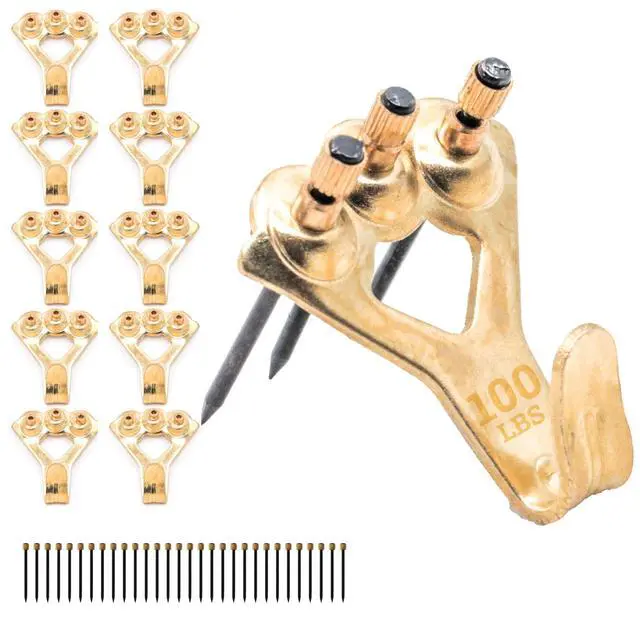 Alt view image 8 of 14 - PHS 100 lb Brass Picture Hanging Hooks with Nails, 10 Pack | Heavy duty picture hangers, mirror mounting hardware, hardened blue steel nails, drywall and plaster walls