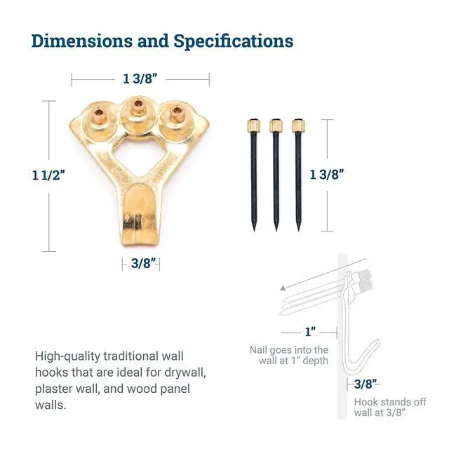 Alt view image 10 of 14 - PHS 100 lb Brass Picture Hanging Hooks with Nails, 10 Pack | Heavy duty picture hangers, mirror mounting hardware, hardened blue steel nails, drywall and plaster walls