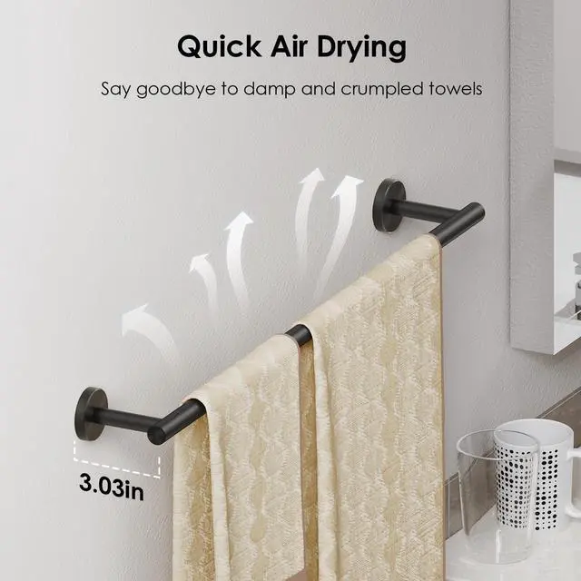 Alt view image 9 of 14 - Bathroom Accessories, 4-Piece Bathroom Hardware Set - 24" Towel Bar | Matte Black | Towel Hooks, Towel Racks for Bathroom, Toilet Paper Holder Wall Mounted & Towel Ring | SUS304 Stainless Steel