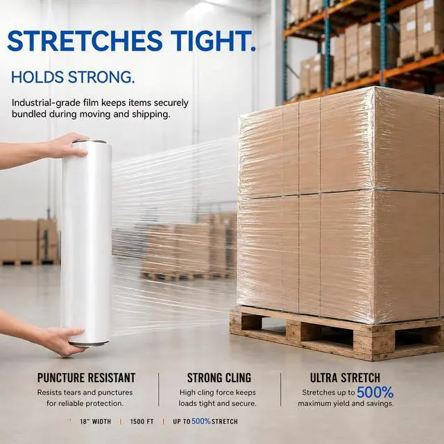 Alt view image 10 of 14 - 18" x 1500 Ft Heavy Duty Stretch Shrink Wrap with Handle, 80 Gauge, 4 Pack | 80Ga High-Stretch Shrink Wrap, Ergonomic Handle, Puncture-Proof. Heavy Duty Guard for Moving, Furniture, Pallets & Cargo