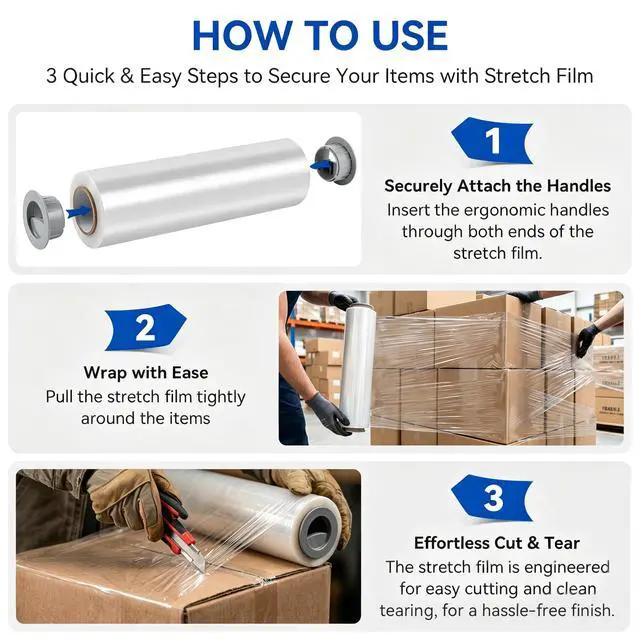 Alt view image 12 of 14 - 18" x 1500 Ft Heavy Duty Stretch Shrink Wrap with Handle, 80 Gauge, 4 Pack | 80Ga High-Stretch Shrink Wrap, Ergonomic Handle, Puncture-Proof. Heavy Duty Guard for Moving, Furniture, Pallets & Cargo