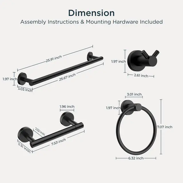 Alt view image 12 of 14 - Bathroom Accessories, 4-Piece Bathroom Hardware Set - 24" Towel Bar | Matte Black | Towel Hooks, Towel Racks for Bathroom, Toilet Paper Holder Wall Mounted & Towel Ring | SUS304 Stainless Steel