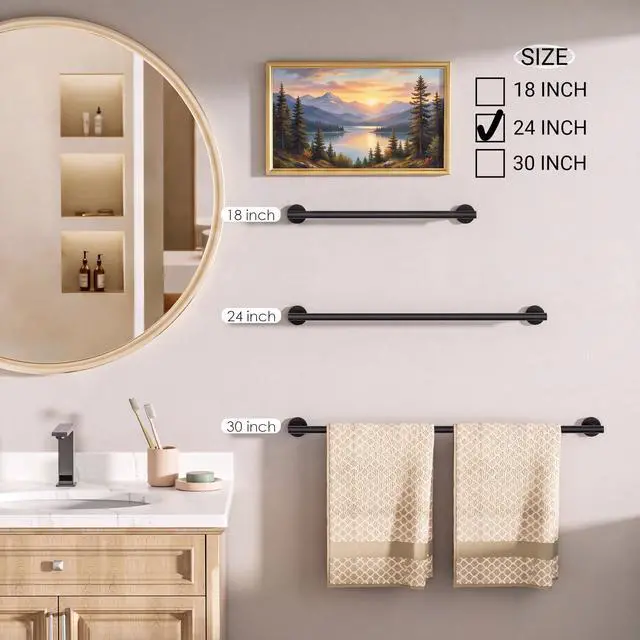 Alt view image 11 of 14 - Bathroom Accessories, 4-Piece Bathroom Hardware Set - 24" Towel Bar | Matte Black | Towel Hooks, Towel Racks for Bathroom, Toilet Paper Holder Wall Mounted & Towel Ring | SUS304 Stainless Steel