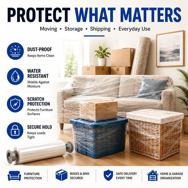 Alt view image 14 of 14 - 18" x 1500 Ft Heavy Duty Stretch Shrink Wrap with Handle, 80 Gauge, 4 Pack | 80Ga High-Stretch Shrink Wrap, Ergonomic Handle, Puncture-Proof. Heavy Duty Guard for Moving, Furniture, Pallets & Cargo