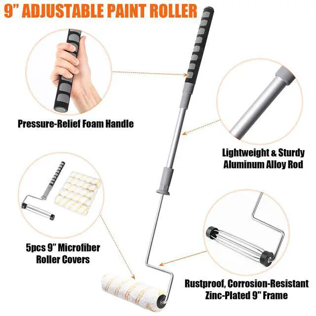 Alt view image 9 of 12 - 6pcs House Paint Roller Kit, 9 inch Extendable Roller Frame with 5 Microfiber Roller Covers 1/2" Nap, Adjustable Painting Roller (18" - 36") for Walls, Ceilings, Floor, Home Painting Supplies
