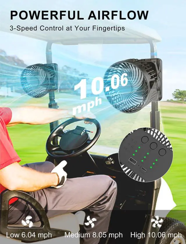 Alt view image 9 of 14 - 2-Pack Magnetic Clip on Fan for Golf Cart, 12000mAH Battery Operated Portable Fan with 3 Speeds, LED Lantern, Magnetic Base, Suitable for EZGO Club Car Yamaha, Golf Cart & Cruise Ship Accessories
