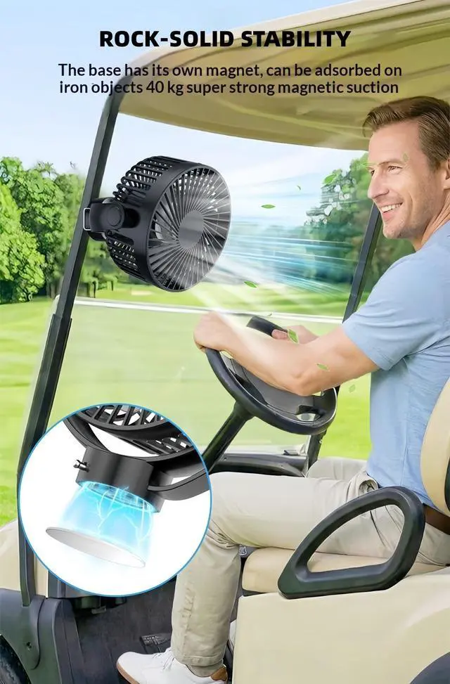 Alt view image 9 of 14 - Magnetic Golf Cart Fan with Heavy-Duty Strap, 12000mAH Battery Operated Portable Fan with 3 Speeds, LED, Timer, Magnet, Suitable for EZGO Club Car Yamaha, Golf Cart & Camping Accessories 2026