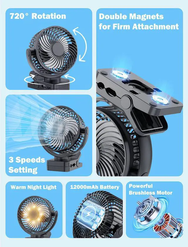 Alt view image 13 of 14 - 2-Pack Magnetic Clip on Fan for Golf Cart, 12000mAH Battery Operated Portable Fan with 3 Speeds, LED Lantern, Magnetic Base, Suitable for EZGO Club Car Yamaha, Golf Cart & Cruise Ship Accessories