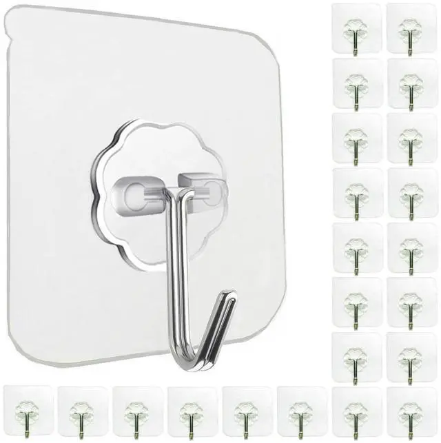 Alt view image 8 of 14 - 24 Pack Adhesive Wall Hooks 33LB Heavy Duty No Drill Clear Sticky Hooks | Transparent, Waterproof, Self Adhesive, 33lbs Max Load No Damage, For Keys, Bathroom, Shower, Outdoor, Kitchen, Door