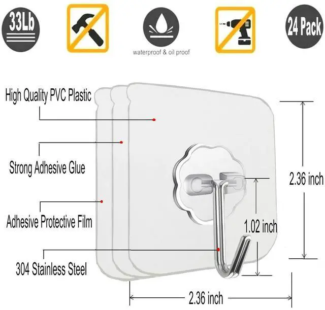 Alt view image 9 of 14 - 24 Pack Adhesive Wall Hooks 33LB Heavy Duty No Drill Clear Sticky Hooks | Transparent, Waterproof, Self Adhesive, 33lbs Max Load No Damage, For Keys, Bathroom, Shower, Outdoor, Kitchen, Door
