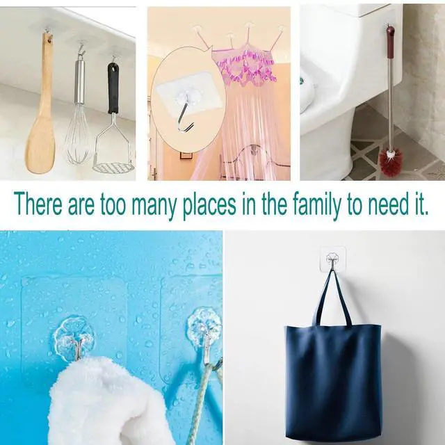 Alt view image 10 of 14 - 24 Pack Adhesive Wall Hooks 33LB Heavy Duty No Drill Clear Sticky Hooks | Transparent, Waterproof, Self Adhesive, 33lbs Max Load No Damage, For Keys, Bathroom, Shower, Outdoor, Kitchen, Door