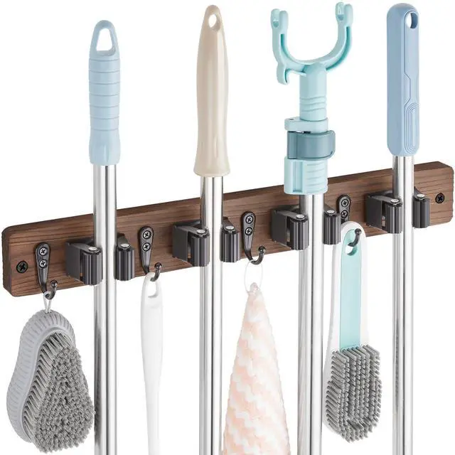 Alt view image 8 of 14 - Mop and Broom Holder Wall Mount - Wood Broom Mop Hanger - Wall Mounted Garden Tool Rack Organizer for Closet Garage Laundry Room, Rustic Kitchen Decor With 4 Slots & 4 Hooks