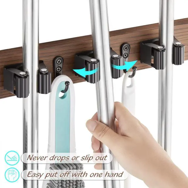 Alt view image 9 of 14 - Mop and Broom Holder Wall Mount - Wood Broom Mop Hanger - Wall Mounted Garden Tool Rack Organizer for Closet Garage Laundry Room, Rustic Kitchen Decor With 4 Slots & 4 Hooks