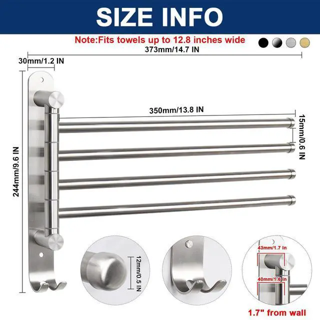Alt view image 9 of 14 - Swivel Towel Rack, 13.8" Thicken 304 Stainless Steel 4-Arm Towel Bar, Space Saving Wall Mounted Towel Holder with Hook, Rustproof Swing Out Towel Hanger for Bathroom, Kitchen (Brushed Nickel)