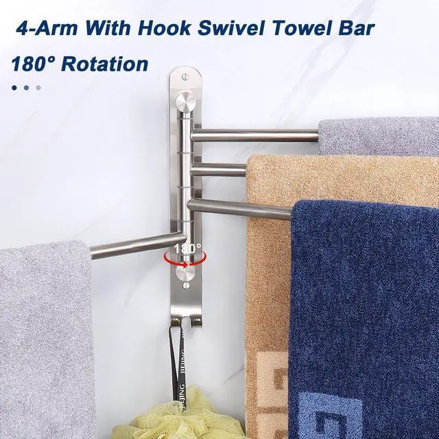 Alt view image 10 of 14 - Swivel Towel Rack, 13.8" Thicken 304 Stainless Steel 4-Arm Towel Bar, Space Saving Wall Mounted Towel Holder with Hook, Rustproof Swing Out Towel Hanger for Bathroom, Kitchen (Brushed Nickel)