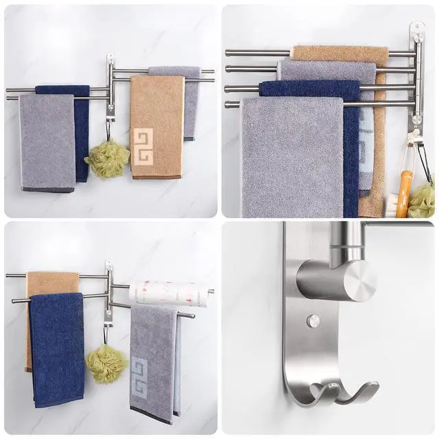 Alt view image 12 of 14 - Swivel Towel Rack, 13.8" Thicken 304 Stainless Steel 4-Arm Towel Bar, Space Saving Wall Mounted Towel Holder with Hook, Rustproof Swing Out Towel Hanger for Bathroom, Kitchen (Brushed Nickel)