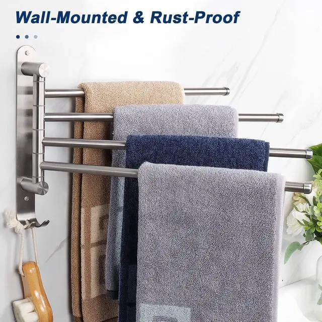 Alt view image 11 of 14 - Swivel Towel Rack, 13.8" Thicken 304 Stainless Steel 4-Arm Towel Bar, Space Saving Wall Mounted Towel Holder with Hook, Rustproof Swing Out Towel Hanger for Bathroom, Kitchen (Brushed Nickel)