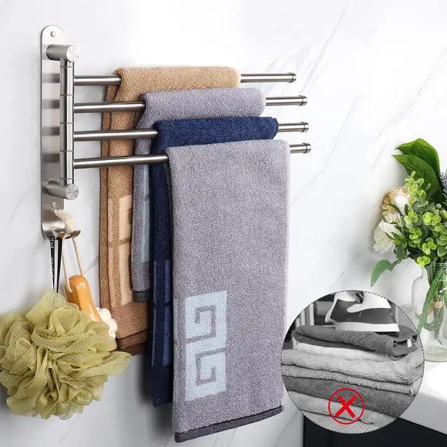 Alt view image 13 of 14 - Swivel Towel Rack, 13.8" Thicken 304 Stainless Steel 4-Arm Towel Bar, Space Saving Wall Mounted Towel Holder with Hook, Rustproof Swing Out Towel Hanger for Bathroom, Kitchen (Brushed Nickel)