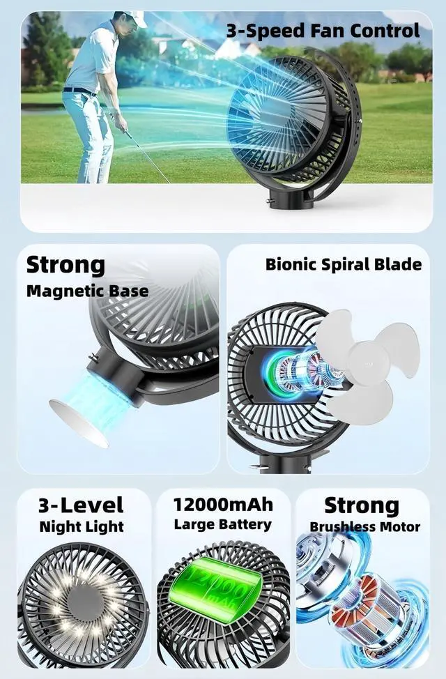 Alt view image 11 of 14 - Magnetic Golf Cart Fan with Heavy-Duty Strap, 12000mAH Battery Operated Portable Fan with 3 Speeds, LED, Timer, Magnet, Suitable for EZGO Club Car Yamaha, Golf Cart & Camping Accessories 2026