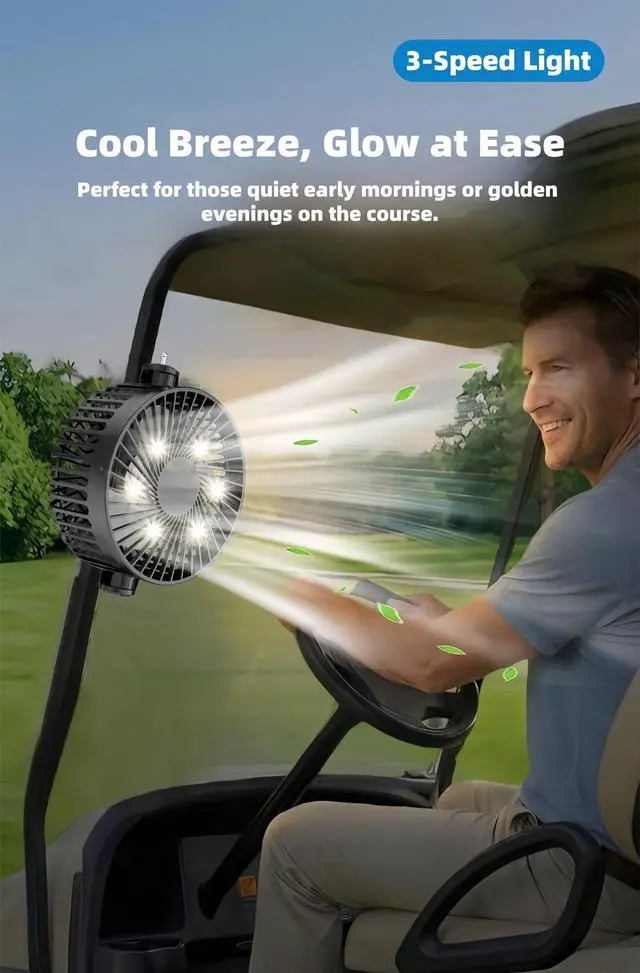 Alt view image 12 of 14 - Magnetic Golf Cart Fan with Heavy-Duty Strap, 12000mAH Battery Operated Portable Fan with 3 Speeds, LED, Timer, Magnet, Suitable for EZGO Club Car Yamaha, Golf Cart & Camping Accessories 2026