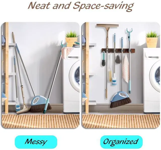 Alt view image 10 of 14 - Mop and Broom Holder Wall Mount - Wood Broom Mop Hanger - Wall Mounted Garden Tool Rack Organizer for Closet Garage Laundry Room, Rustic Kitchen Decor With 4 Slots & 4 Hooks