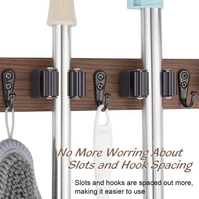 Alt view image 11 of 14 - Mop and Broom Holder Wall Mount - Wood Broom Mop Hanger - Wall Mounted Garden Tool Rack Organizer for Closet Garage Laundry Room, Rustic Kitchen Decor With 4 Slots & 4 Hooks