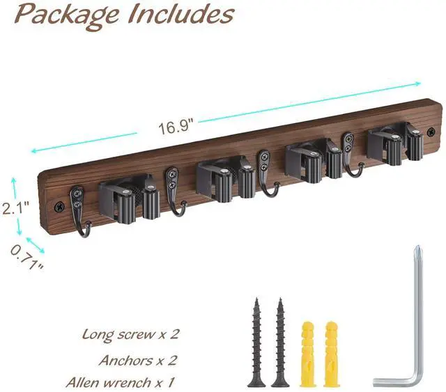 Alt view image 13 of 14 - Mop and Broom Holder Wall Mount - Wood Broom Mop Hanger - Wall Mounted Garden Tool Rack Organizer for Closet Garage Laundry Room, Rustic Kitchen Decor With 4 Slots & 4 Hooks