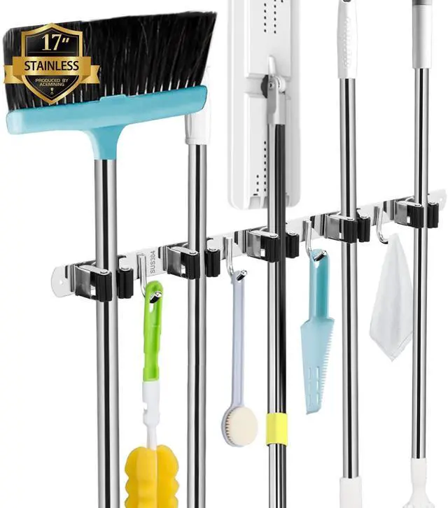 Alt view image 8 of 14 - Broom Holder Wall Mount, 5 Racks 4 Hooks Heavy Duty Mop Organizer | Mop Holder Wall Mount and Broom Hanger for Garage, Laundry Room, Kitchen and Utility Storage
