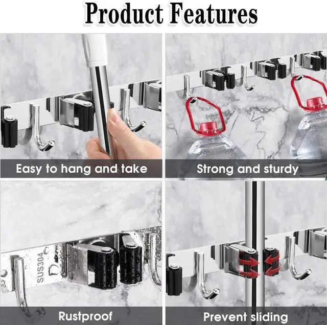 Alt view image 9 of 14 - Broom Holder Wall Mount, 5 Racks 4 Hooks Heavy Duty Mop Organizer | Mop Holder Wall Mount and Broom Hanger for Garage, Laundry Room, Kitchen and Utility Storage