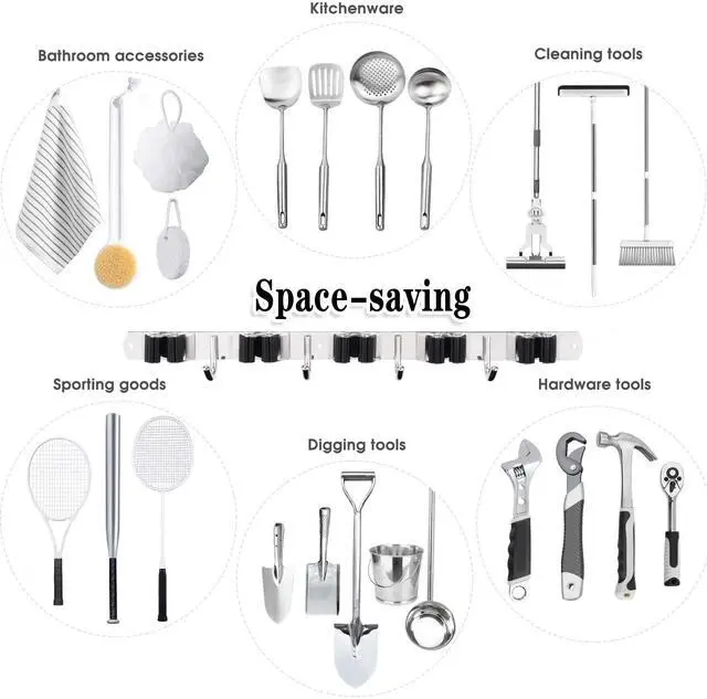 Alt view image 11 of 14 - Broom Holder Wall Mount, 5 Racks 4 Hooks Heavy Duty Mop Organizer | Mop Holder Wall Mount and Broom Hanger for Garage, Laundry Room, Kitchen and Utility Storage