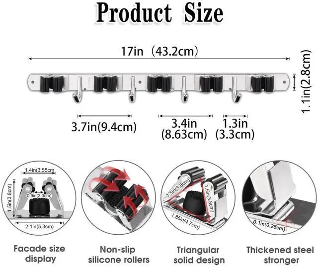 Alt view image 10 of 14 - Broom Holder Wall Mount, 5 Racks 4 Hooks Heavy Duty Mop Organizer | Mop Holder Wall Mount and Broom Hanger for Garage, Laundry Room, Kitchen and Utility Storage