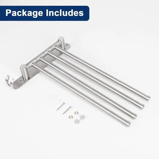 Alt view image 14 of 14 - Swivel Towel Rack, 13.8" Thicken 304 Stainless Steel 4-Arm Towel Bar, Space Saving Wall Mounted Towel Holder with Hook, Rustproof Swing Out Towel Hanger for Bathroom, Kitchen (Brushed Nickel)