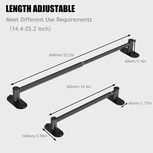 Alt view image 7 of 10 - Towel Bar, Adhesive or Drill Wall Mount, Matte Black, 1 Pack | Adjustable 14.4 to 25.2 Inch, 304 Stainless Steel Hand Towel Holder, Round Base Towel Racks for Bathroom, Kitchen Use