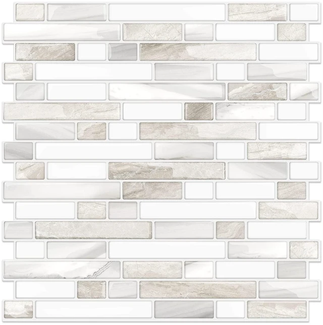 Alt view image 8 of 14 - Thicker Design Peel and Stick, Self Adhesive Stick On Tile Backsplash for Kitchen and Bathroom, Beige & White, 12×12, 10 Sheets