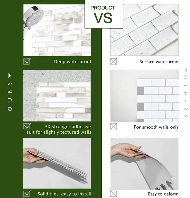 Alt view image 10 of 14 - Thicker Design Peel and Stick, Self Adhesive Stick On Tile Backsplash for Kitchen and Bathroom, Beige & White, 12×12, 10 Sheets