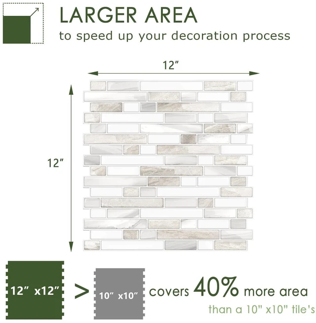 Alt view image 12 of 14 - Thicker Design Peel and Stick, Self Adhesive Stick On Tile Backsplash for Kitchen and Bathroom, Beige & White, 12×12, 10 Sheets