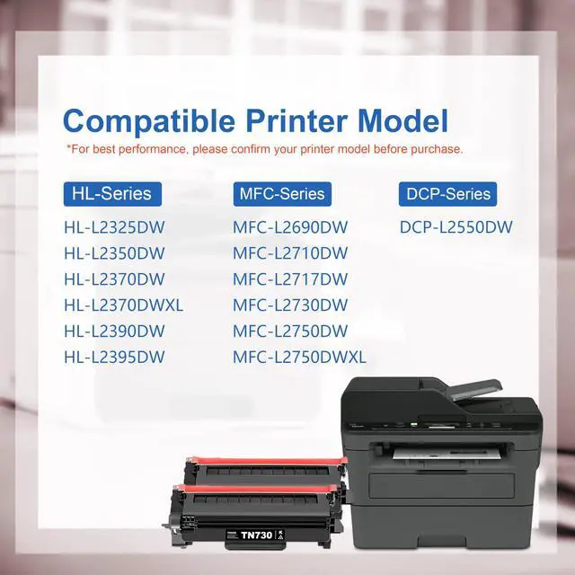 Alt view image 9 of 14 - TN730 TN-730 Toner Cartridge 2-Pack Replacement for Brother TN730 Toner Cartridge - Black DCP-L2550DW MFC-L2710DW MFC-L2750DW HL-L2350DW HL-L2370DW HL-L2395DW HL-L2390DW Printer