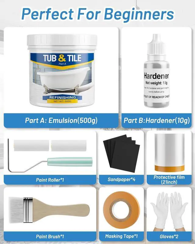 Alt view image 10 of 14 - Tub and Tile Paint Refinishing Kit, 17.6oz Bathtub Refinishing Kit White with Tools and Hardener, Semi-Gloss White Tub Paint for Bathtub, Sink, Low Odor and Easy to Use, 25-30sq.ft