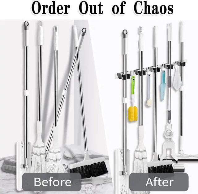 Alt view image 13 of 14 - Broom Holder Wall Mount, 5 Racks 4 Hooks Heavy Duty Mop Organizer | Mop Holder Wall Mount and Broom Hanger for Garage, Laundry Room, Kitchen and Utility Storage