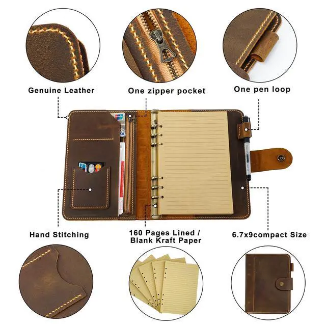 Alt view image 9 of 12 - Leather A5 binder planner, Refillable leather journal, Leather notebook, A5 ring binder, Custom gift for him, Leadership Gifts, Corporate Gifts for Clients (Brown)