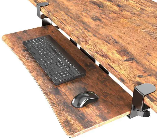 Alt view image 8 of 14 - Extra Large Keyboard Tray Under Desk - Slide Out with Sturdy C-Clip Mount System, Extra Wide 31.5" (35.8" Including Clamps) x 11.8" Pull-Out Keyboard Computer Drawer, Rustic Vintage Brown